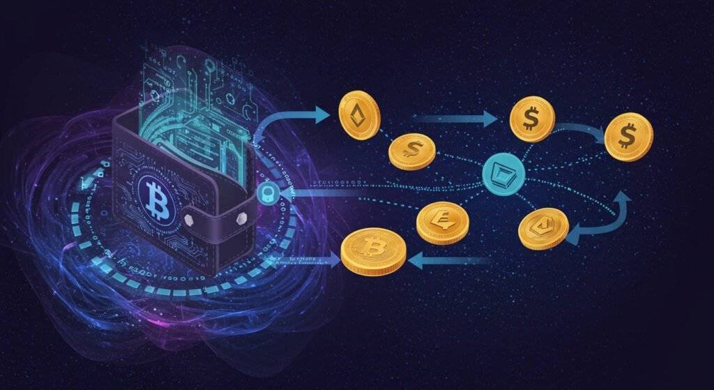 Illustration showing how cryptocurrency transactions work, including digital wallets, blockchain, miners, and transaction verification.