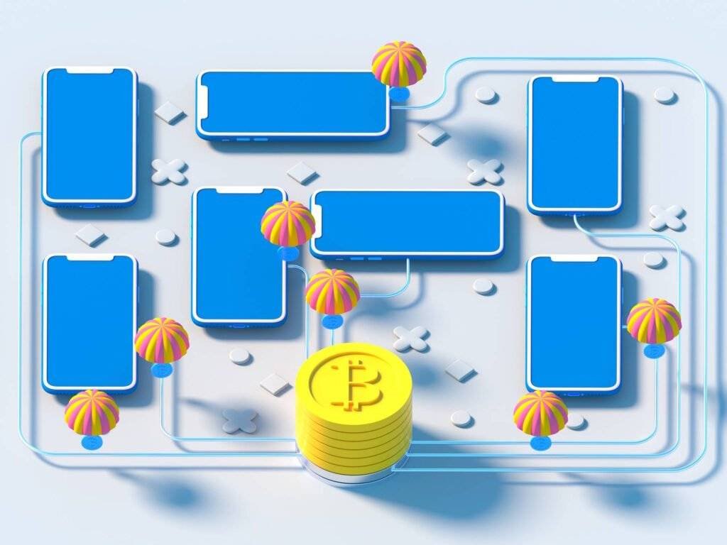 Diagram illustrating decentralization in cryptocurrency with distributed control and blockchain technology